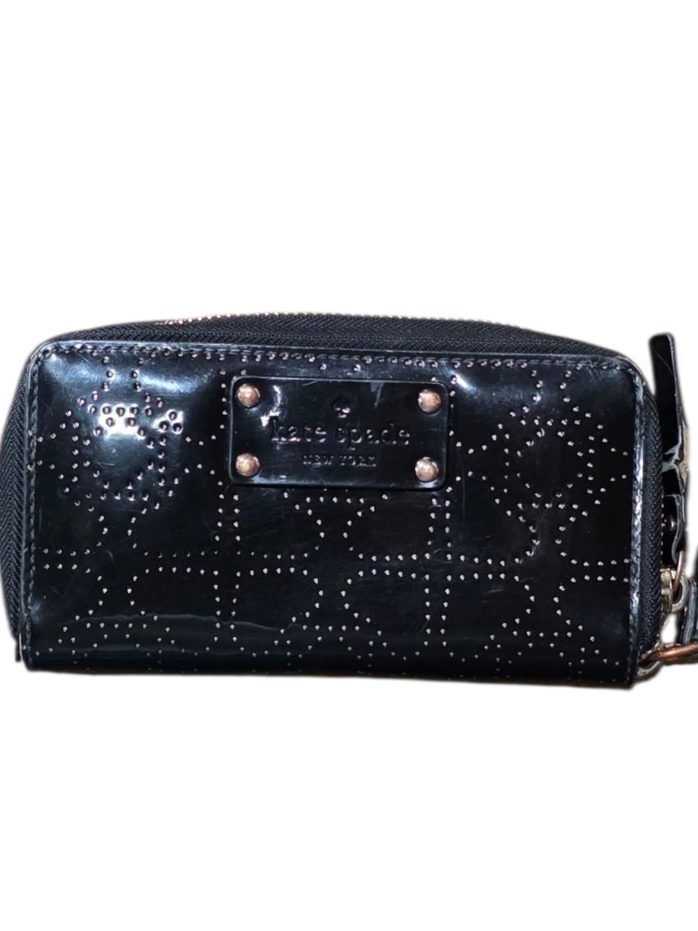 Kate Spade New York Black Patent Perforated Zip Around Wristlet Wallet 6.5x3.5x1